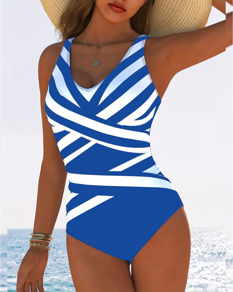 Maillot de bain une pièce décontracté à rayures et col en V