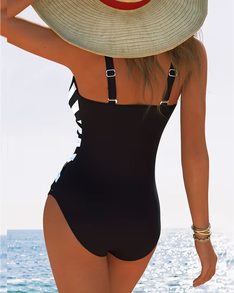 Maillot de bain une pièce décontracté à rayures et col en V
