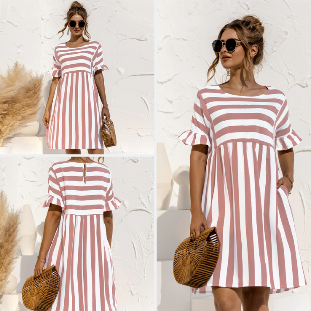 Leblanc™ | Robe Courte Rayée Maternité Volants