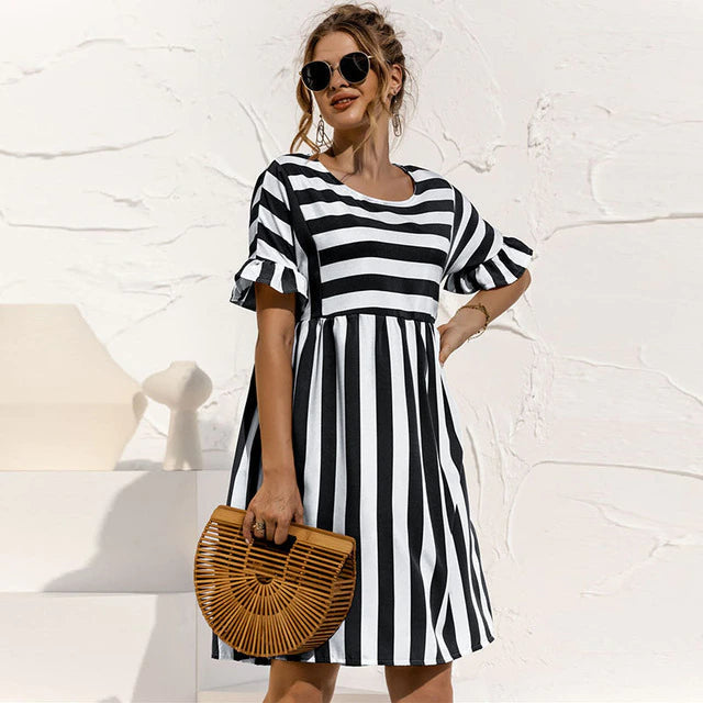 Leblanc™ | Robe Courte Rayée Maternité Volants