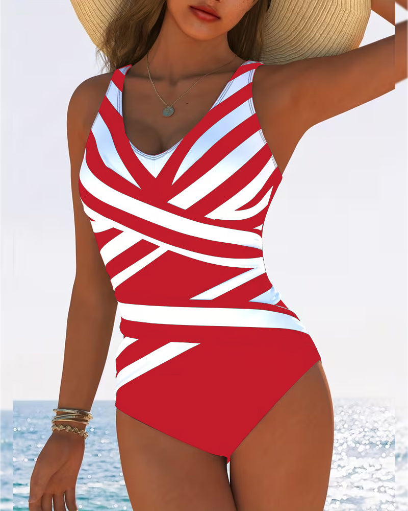 Maillot de bain une pièce décontracté à rayures et col en V