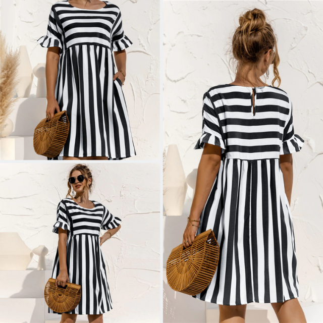 Leblanc™ | Robe Courte Rayée Maternité Volants